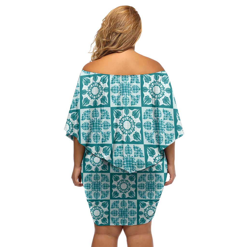 Cyan Palaka Quilt Hawaii Off Shoulder Short Dress Hawaiian Tropical Monstera Sea Turtle LT14 - Polynesian Pride