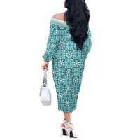 Cyan Palaka Quilt Hawaii Off The Shoulder Long Sleeve Dress Hawaiian Tropical Monstera Sea Turtle
