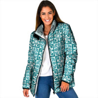 Cyan Palaka Quilt Hawaii Padded Jacket Hawaiian Tropical Monstera Sea Turtle