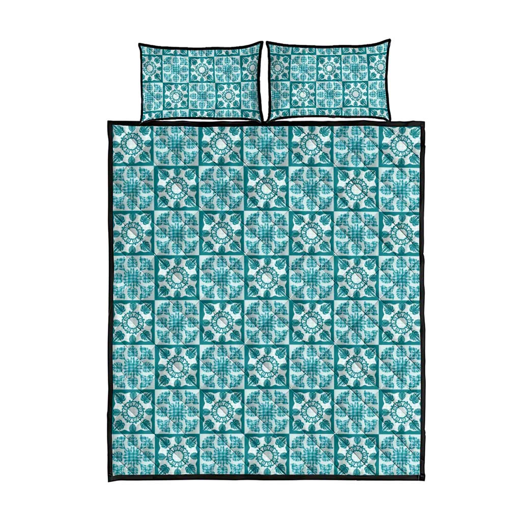 Cyan Palaka Quilt Hawaii Quilt Bed Set Hawaiian Tropical Monstera Sea Turtle