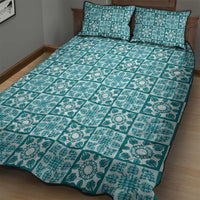 Cyan Palaka Quilt Hawaii Quilt Bed Set Hawaiian Tropical Monstera Sea Turtle