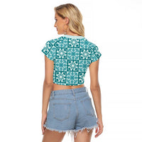 Cyan Palaka Quilt Hawaii Raglan Cropped T Shirt Hawaiian Tropical Monstera Sea Turtle
