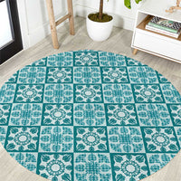 Cyan Palaka Quilt Hawaii Round Carpet Hawaiian Tropical Monstera Sea Turtle