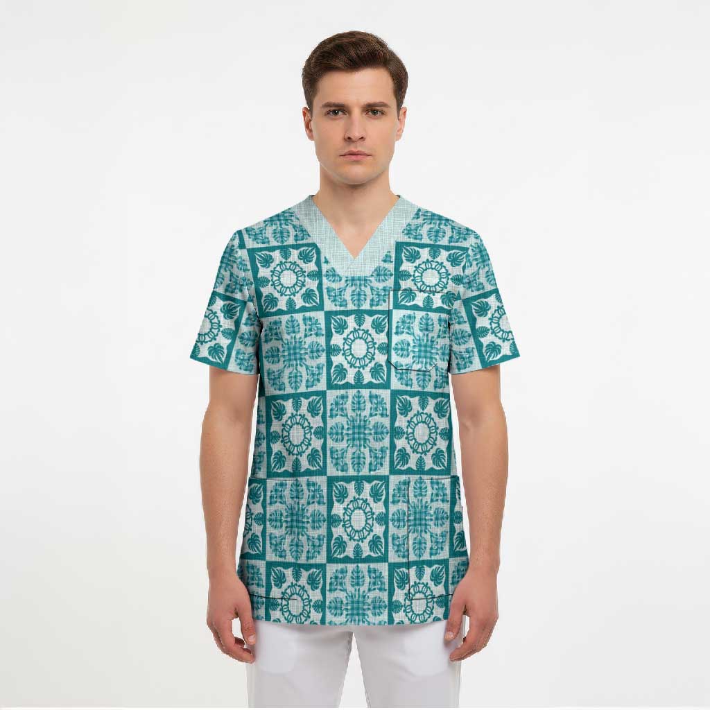 Cyan Palaka Quilt Hawaii Scrub Top Hawaiian Tropical Monstera Sea Turtle