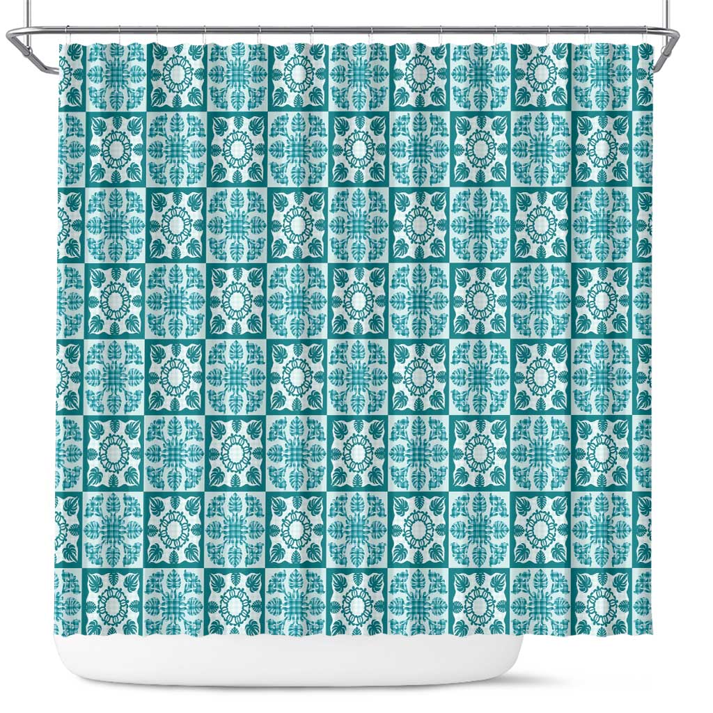 Cyan Palaka Quilt Hawaii Shower Curtain Hawaiian Tropical Monstera Sea Turtle