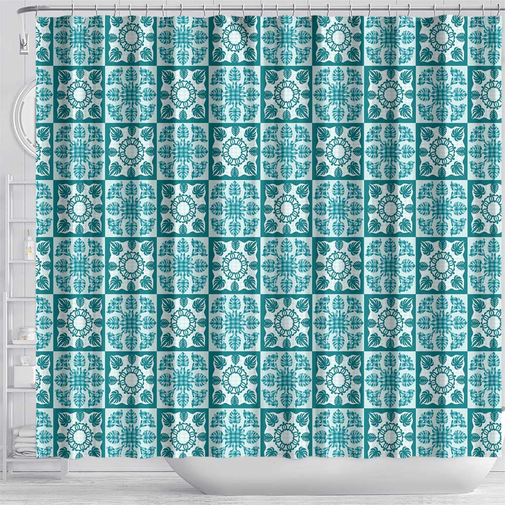Cyan Palaka Quilt Hawaii Shower Curtain Hawaiian Tropical Monstera Sea Turtle
