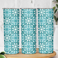 Cyan Palaka Quilt Hawaii Skinny Tumbler Hawaiian Tropical Monstera Sea Turtle