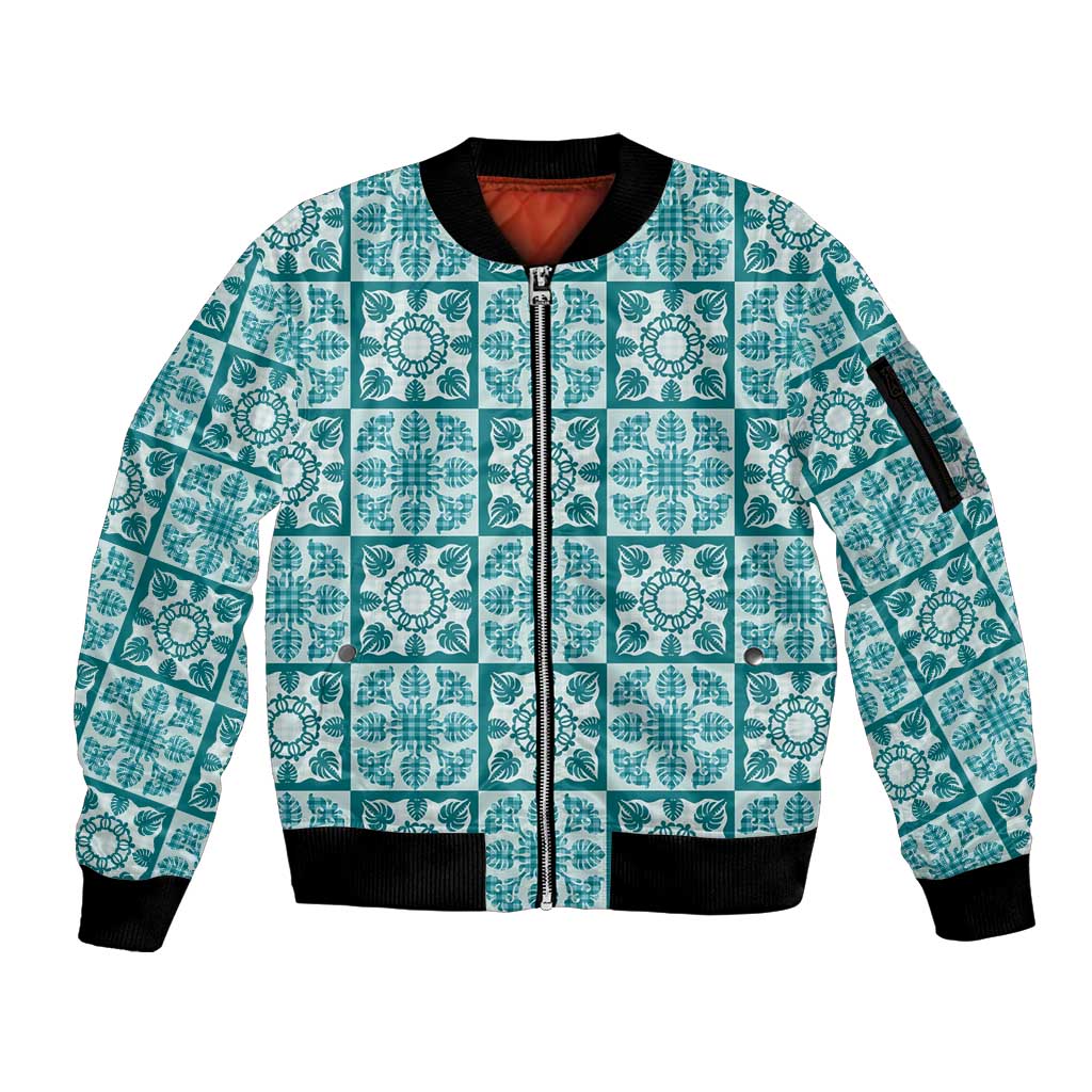 Cyan Palaka Quilt Hawaii Sleeve Zip Bomber Jacket Hawaiian Tropical Monstera Sea Turtle LT14 Unisex Cyan - Polynesian Pride
