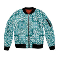 Cyan Palaka Quilt Hawaii Sleeve Zip Bomber Jacket Hawaiian Tropical Monstera Sea Turtle LT14 Unisex Cyan - Polynesian Pride