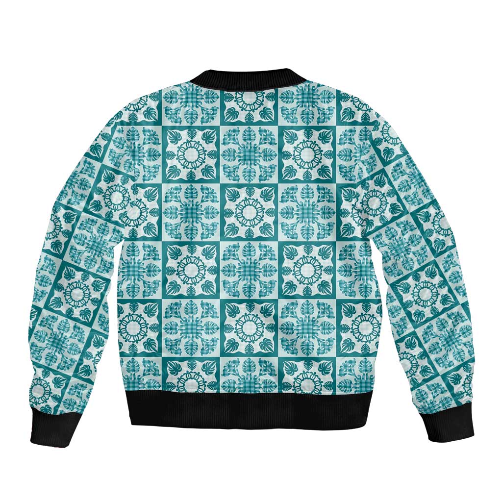 Cyan Palaka Quilt Hawaii Sleeve Zip Bomber Jacket Hawaiian Tropical Monstera Sea Turtle LT14 - Polynesian Pride
