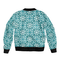 Cyan Palaka Quilt Hawaii Sleeve Zip Bomber Jacket Hawaiian Tropical Monstera Sea Turtle LT14 - Polynesian Pride