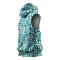 Cyan Palaka Quilt Hawaii Sleeveless Hoodie Hawaiian Tropical Monstera Sea Turtle