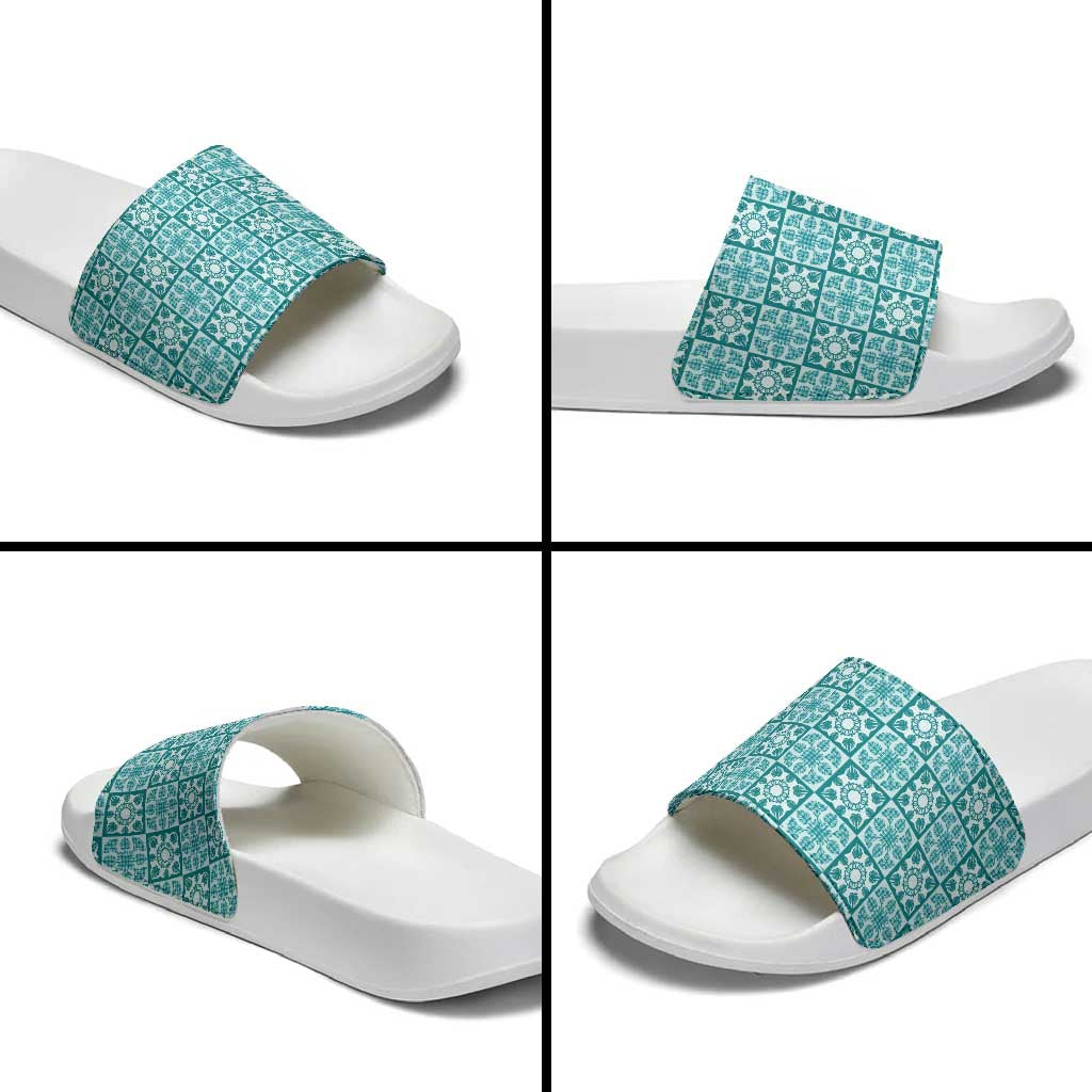 Cyan Palaka Quilt Hawaii Slide Sandals Hawaiian Tropical Monstera Sea Turtle