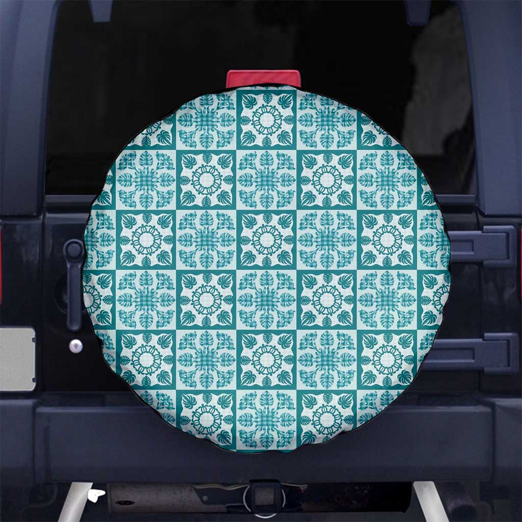 Cyan Palaka Quilt Hawaii Spare Tire Cover Hawaiian Tropical Monstera Sea Turtle LT14 No hole Cyan - Polynesian Pride