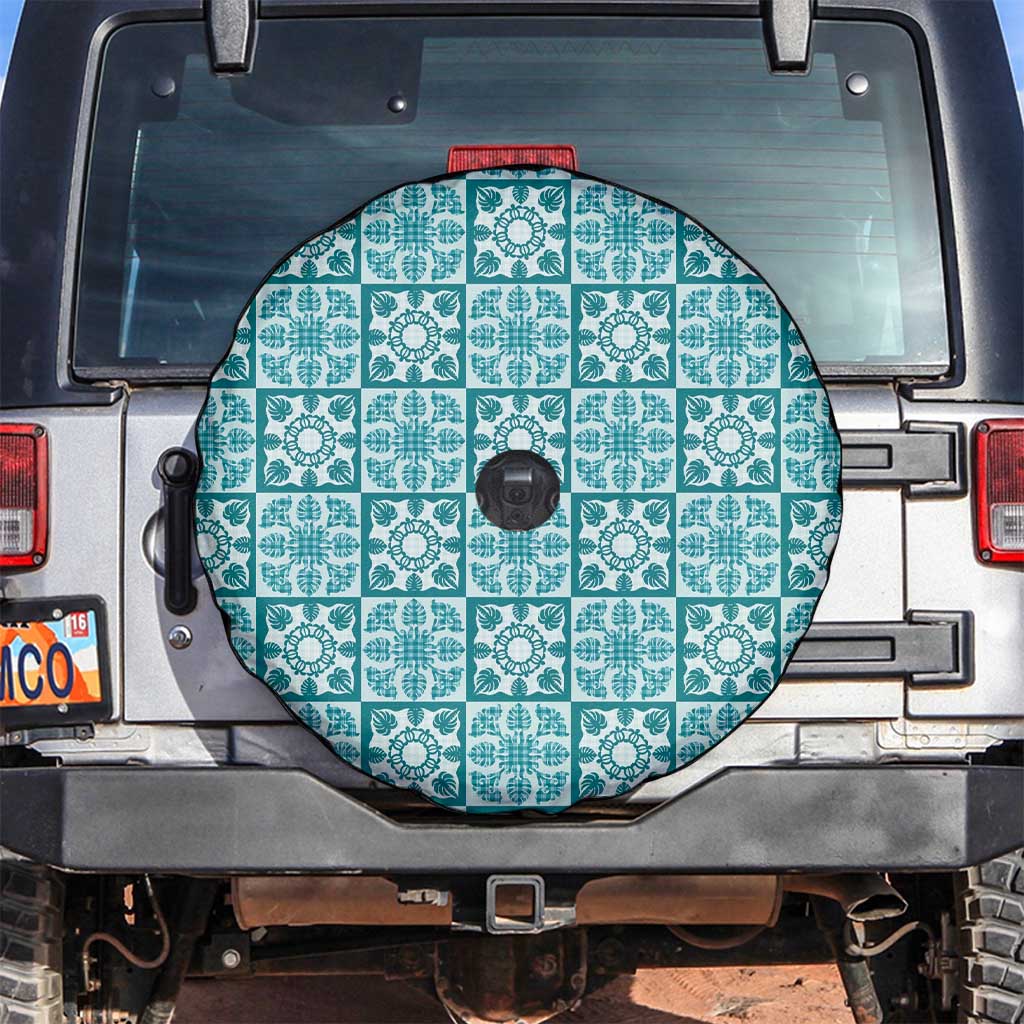 Cyan Palaka Quilt Hawaii Spare Tire Cover Hawaiian Tropical Monstera Sea Turtle LT14 Cyan - Polynesian Pride