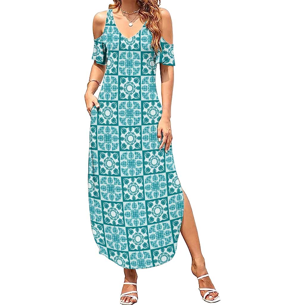 Cyan Palaka Quilt Hawaii Summer Maxi Dress Hawaiian Tropical Monstera Sea Turtle LT14 Women Cyan - Polynesian Pride