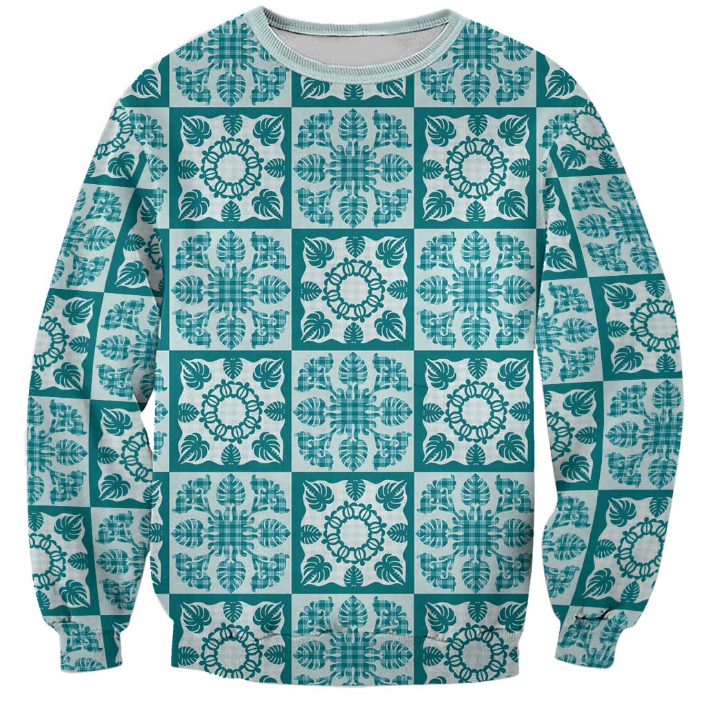 Cyan Palaka Quilt Hawaii Sweatshirt Hawaiian Tropical Monstera Sea Turtle LT14 Unisex Cyan - Polynesian Pride