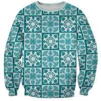 Cyan Palaka Quilt Hawaii Sweatshirt Hawaiian Tropical Monstera Sea Turtle LT14 Unisex Cyan - Polynesian Pride