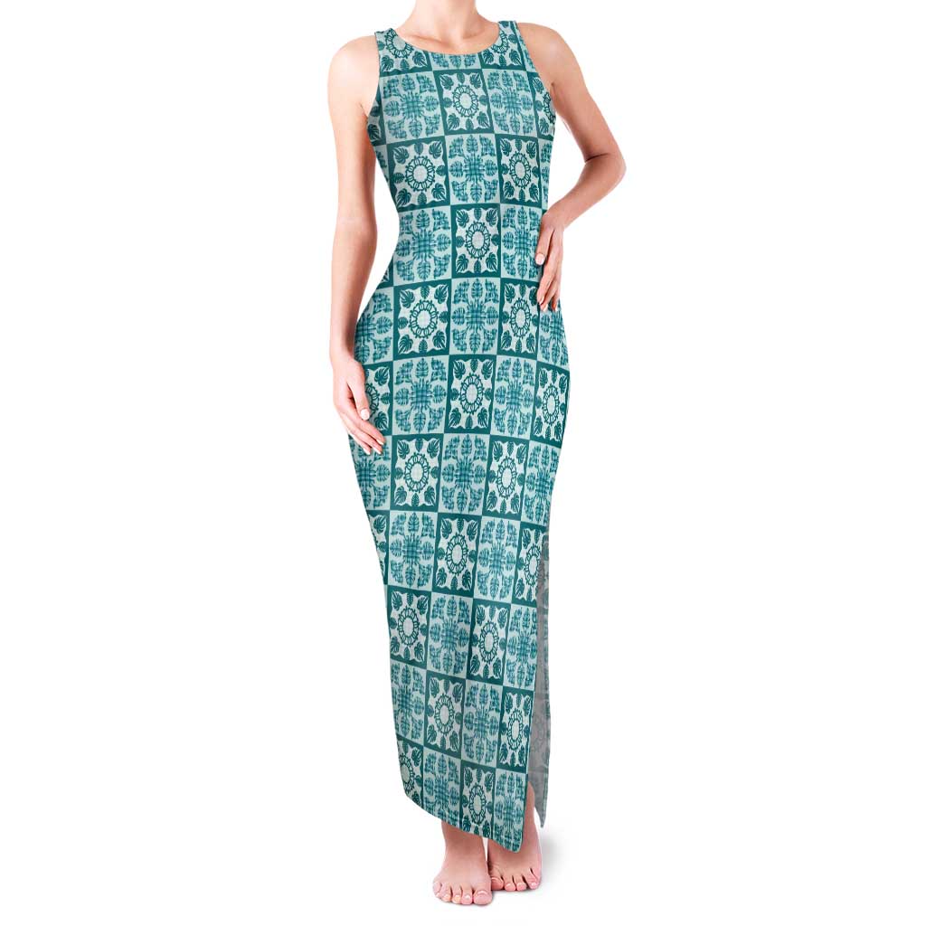 Cyan Palaka Quilt Hawaii Tank Maxi Dress Hawaiian Tropical Monstera Sea Turtle LT14 Women Cyan - Polynesian Pride