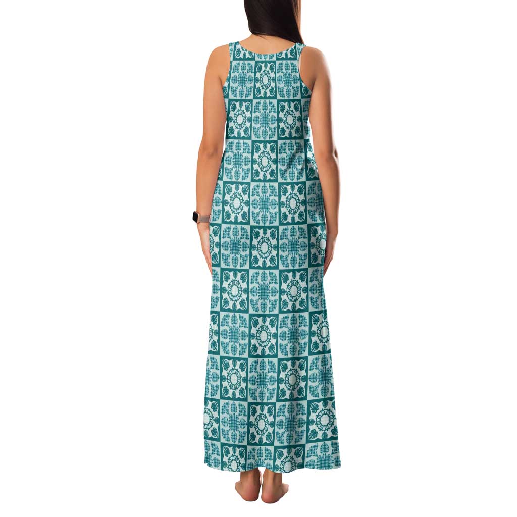 Cyan Palaka Quilt Hawaii Tank Maxi Dress Hawaiian Tropical Monstera Sea Turtle LT14 - Polynesian Pride