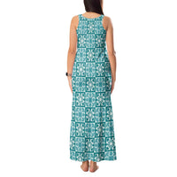 Cyan Palaka Quilt Hawaii Tank Maxi Dress Hawaiian Tropical Monstera Sea Turtle LT14 - Polynesian Pride