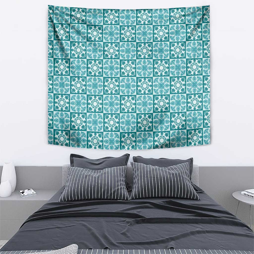 Cyan Palaka Quilt Hawaii Tapestry Hawaiian Tropical Monstera Sea Turtle