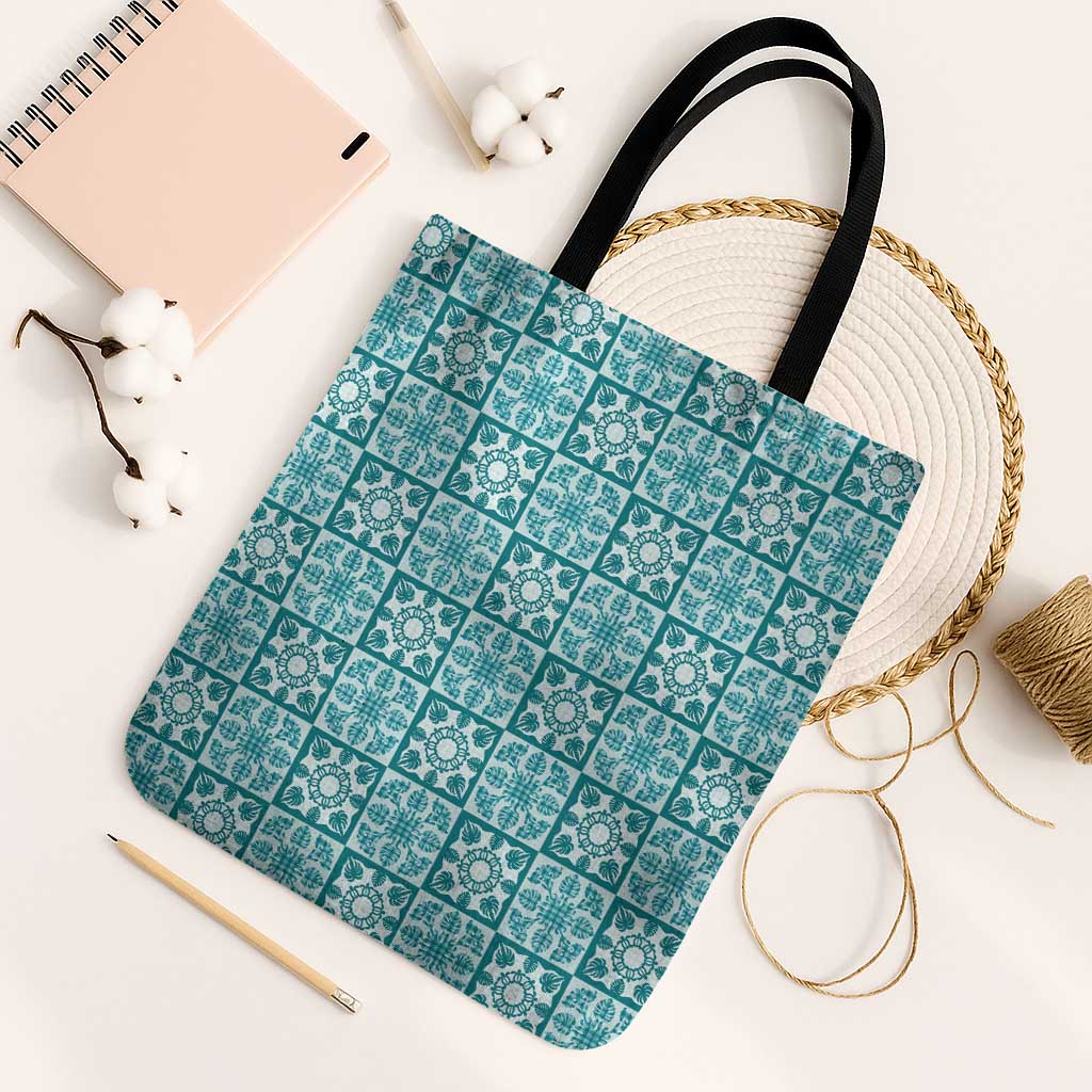 Cyan Palaka Quilt Hawaii Tote Bag Hawaiian Tropical Monstera Sea Turtle