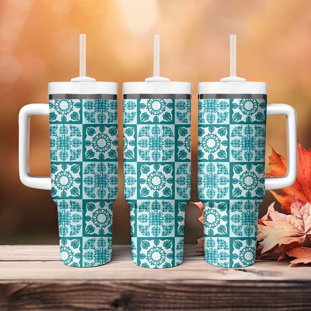 Cyan Palaka Quilt Hawaii Tumbler With Handle Hawaiian Tropical Monstera Sea Turtle