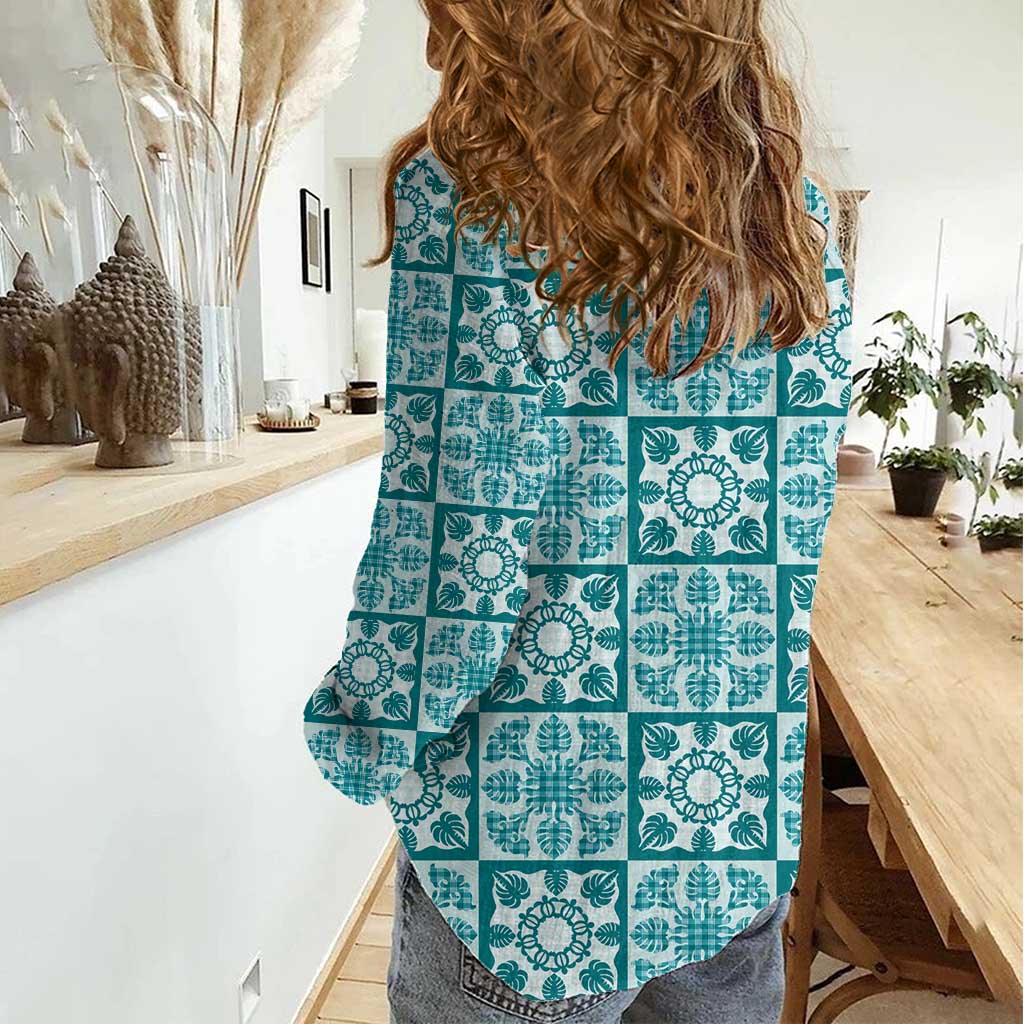 Cyan Palaka Quilt Hawaii Women Casual Shirt Hawaiian Tropical Monstera Sea Turtle