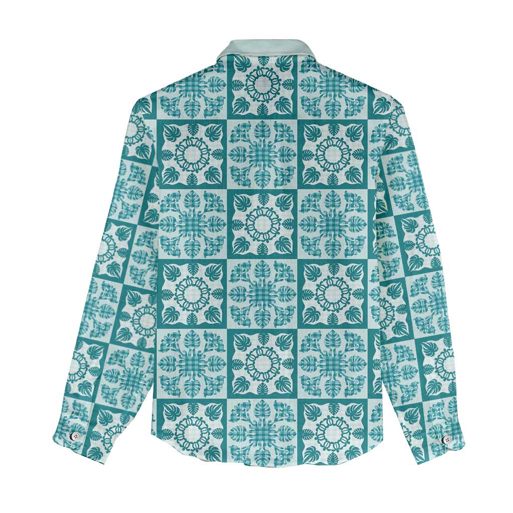 Cyan Palaka Quilt Hawaii Women Casual Shirt Hawaiian Tropical Monstera Sea Turtle