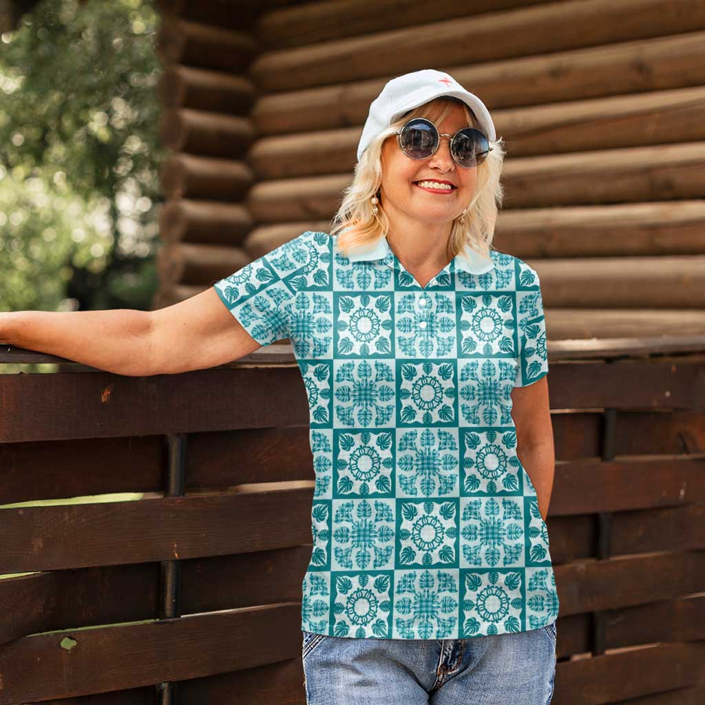 Cyan Palaka Quilt Hawaii Women Polo Shirt Hawaiian Tropical Monstera Sea Turtle