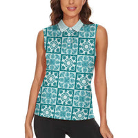 Cyan Palaka Quilt Hawaii Women Sleeveless Polo Shirt Hawaiian Tropical Monstera Sea Turtle