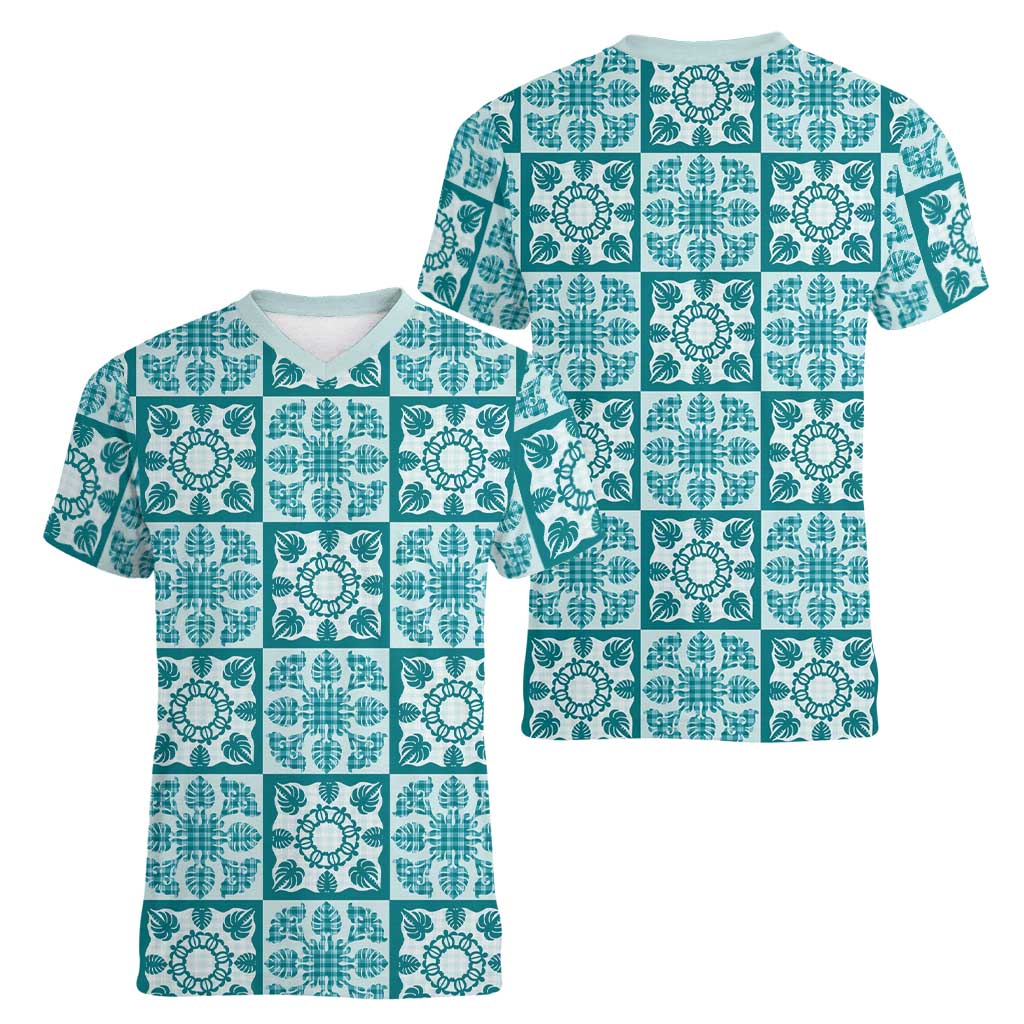 Cyan Palaka Quilt Hawaii Women V-Neck T-Shirt Hawaiian Tropical Monstera Sea Turtle
