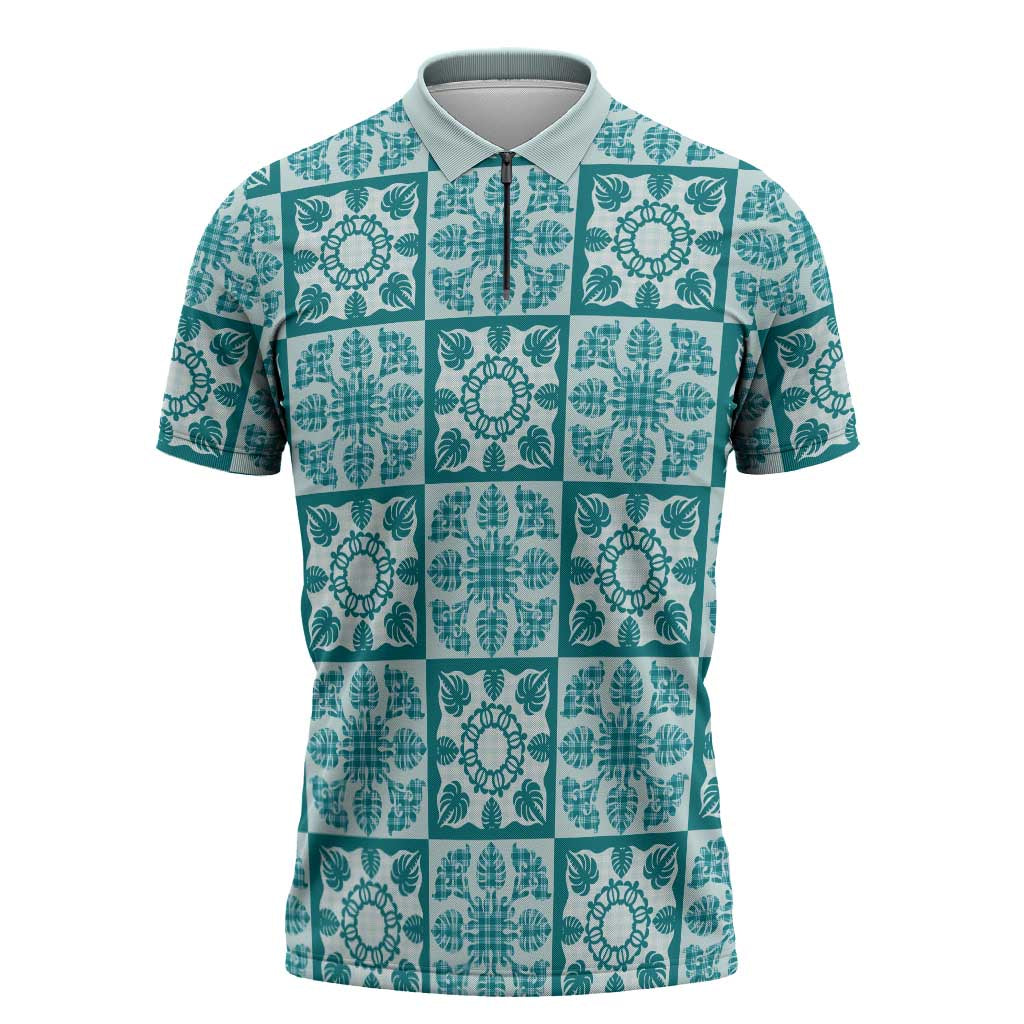 Cyan Palaka Quilt Hawaii Zipper Polo Shirt Hawaiian Tropical Monstera Sea Turtle
