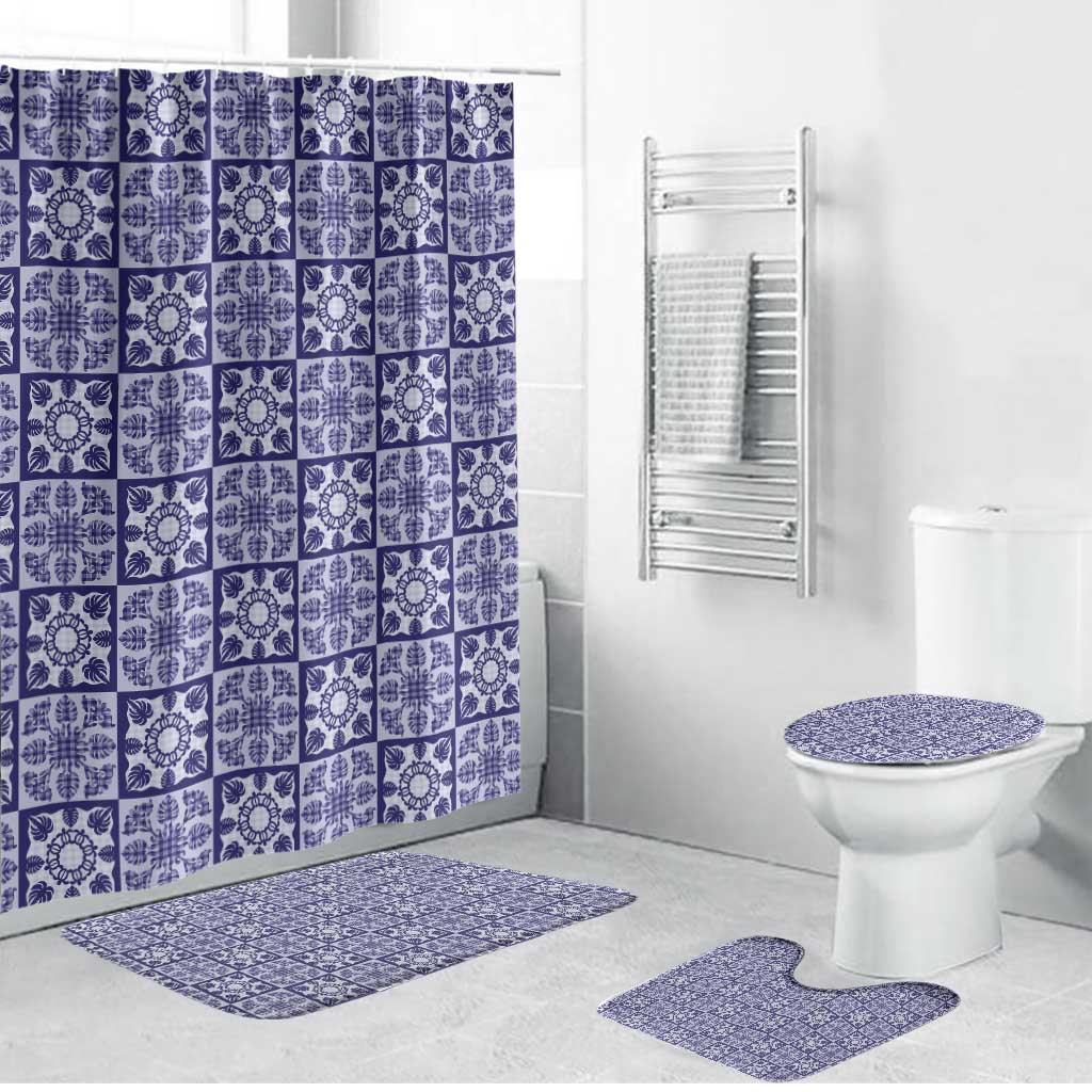 Polu Palaka Quilt Hawaii Bathroom Set Hawaiian Tropical Monstera Sea Turtle LT14 Bathroom Set (4 pcs) Blue - Polynesian Pride