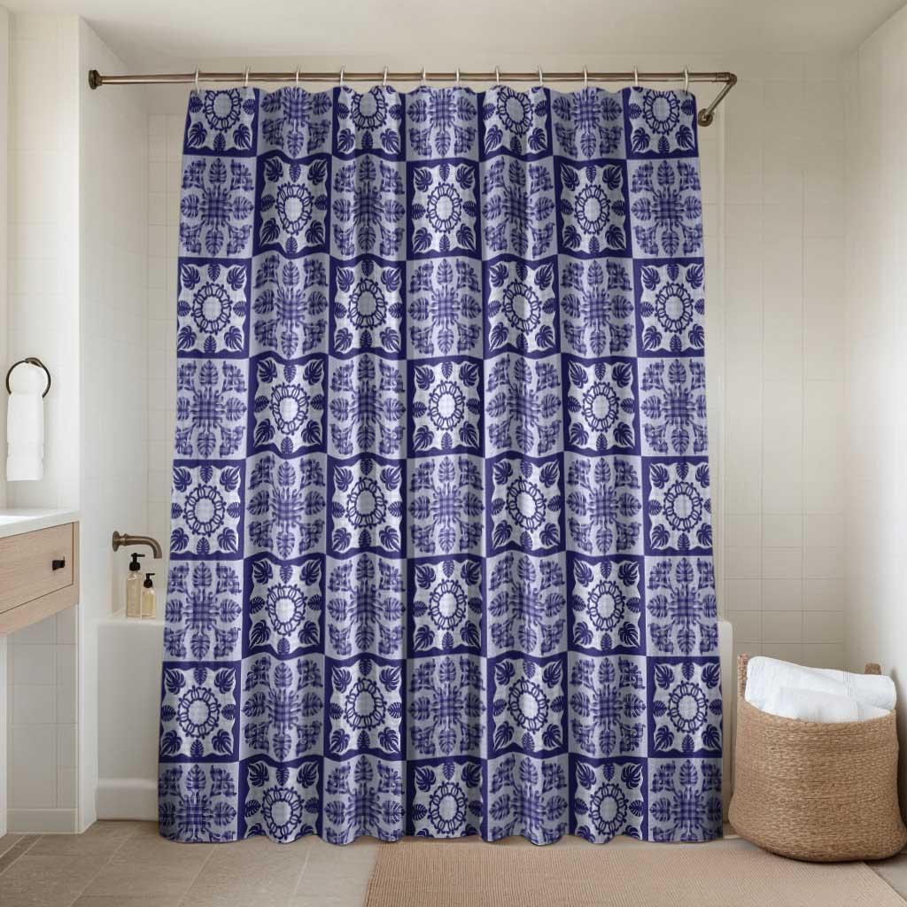 Polu Palaka Quilt Hawaii Bathroom Set Hawaiian Tropical Monstera Sea Turtle LT14 Shower Curtain Only Blue - Polynesian Pride