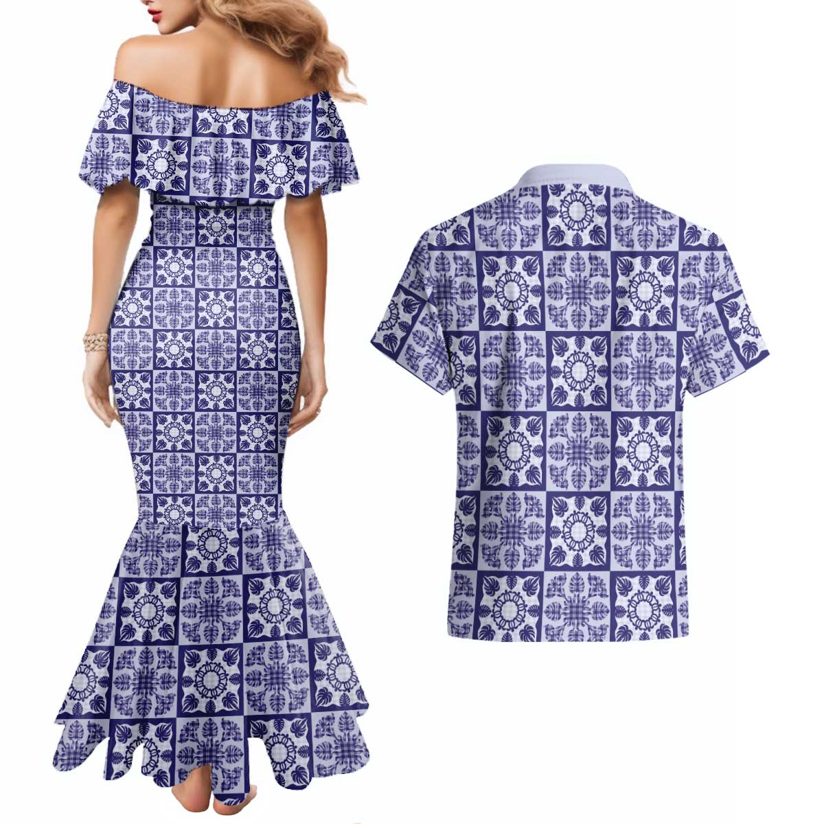 Polu Palaka Quilt Hawaii Couples Matching Mermaid Dress and Hawaiian Shirt Hawaiian Tropical Monstera Sea Turtle