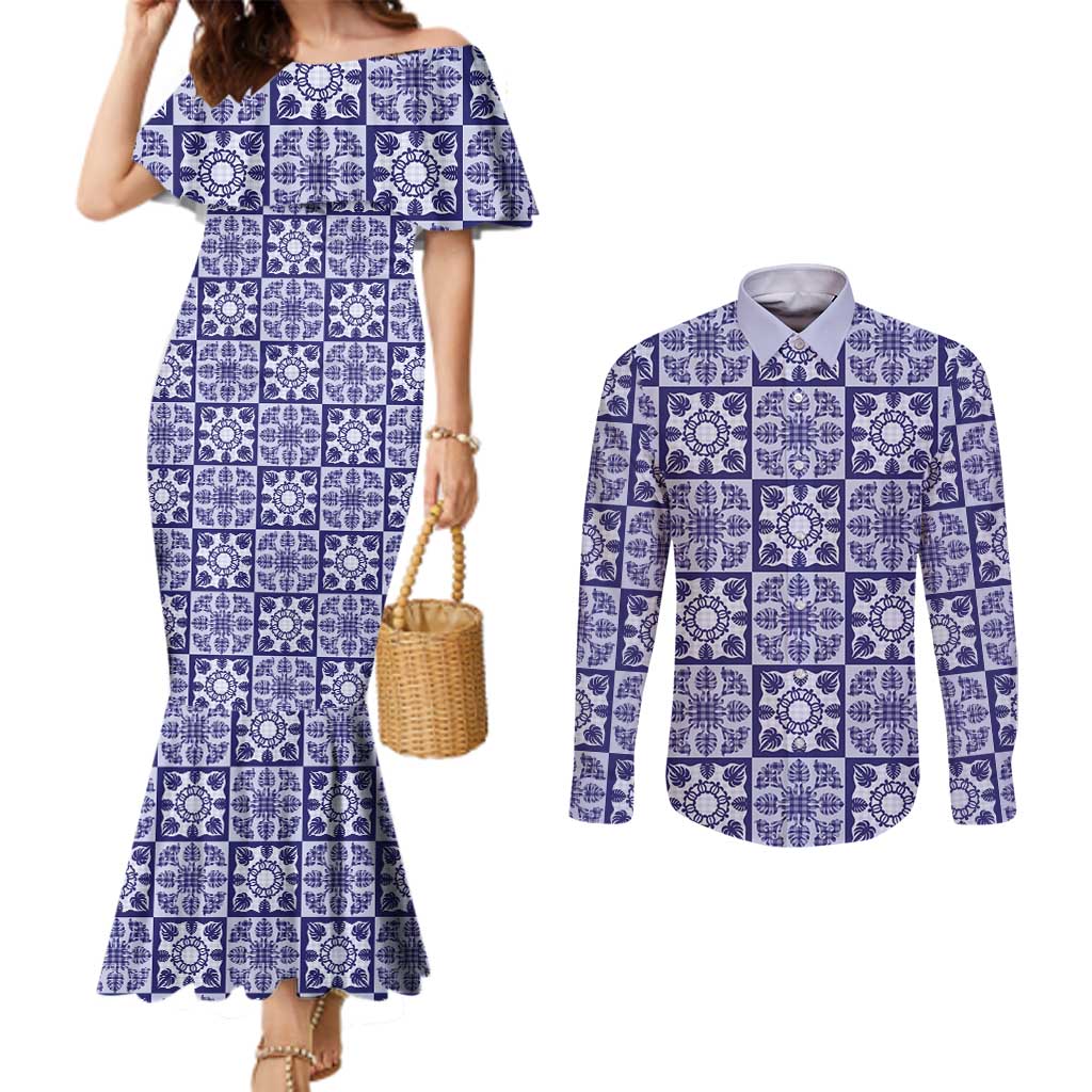 Polu Palaka Quilt Hawaii Couples Matching Mermaid Dress and Long Sleeve Button Shirt Hawaiian Tropical Monstera Sea Turtle