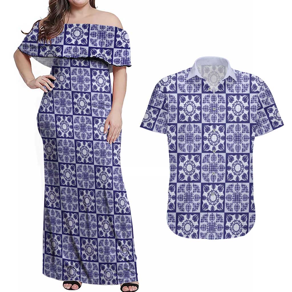 Polu Palaka Quilt Hawaii Couples Matching Off Shoulder Maxi Dress and Hawaiian Shirt Hawaiian Tropical Monstera Sea Turtle LT14 Blue - Polynesian Pride