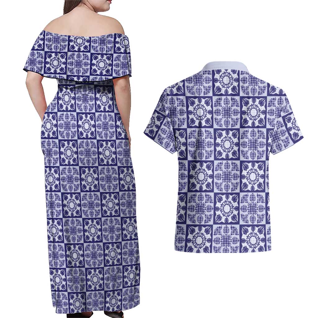 Polu Palaka Quilt Hawaii Couples Matching Off Shoulder Maxi Dress and Hawaiian Shirt Hawaiian Tropical Monstera Sea Turtle LT14 - Polynesian Pride