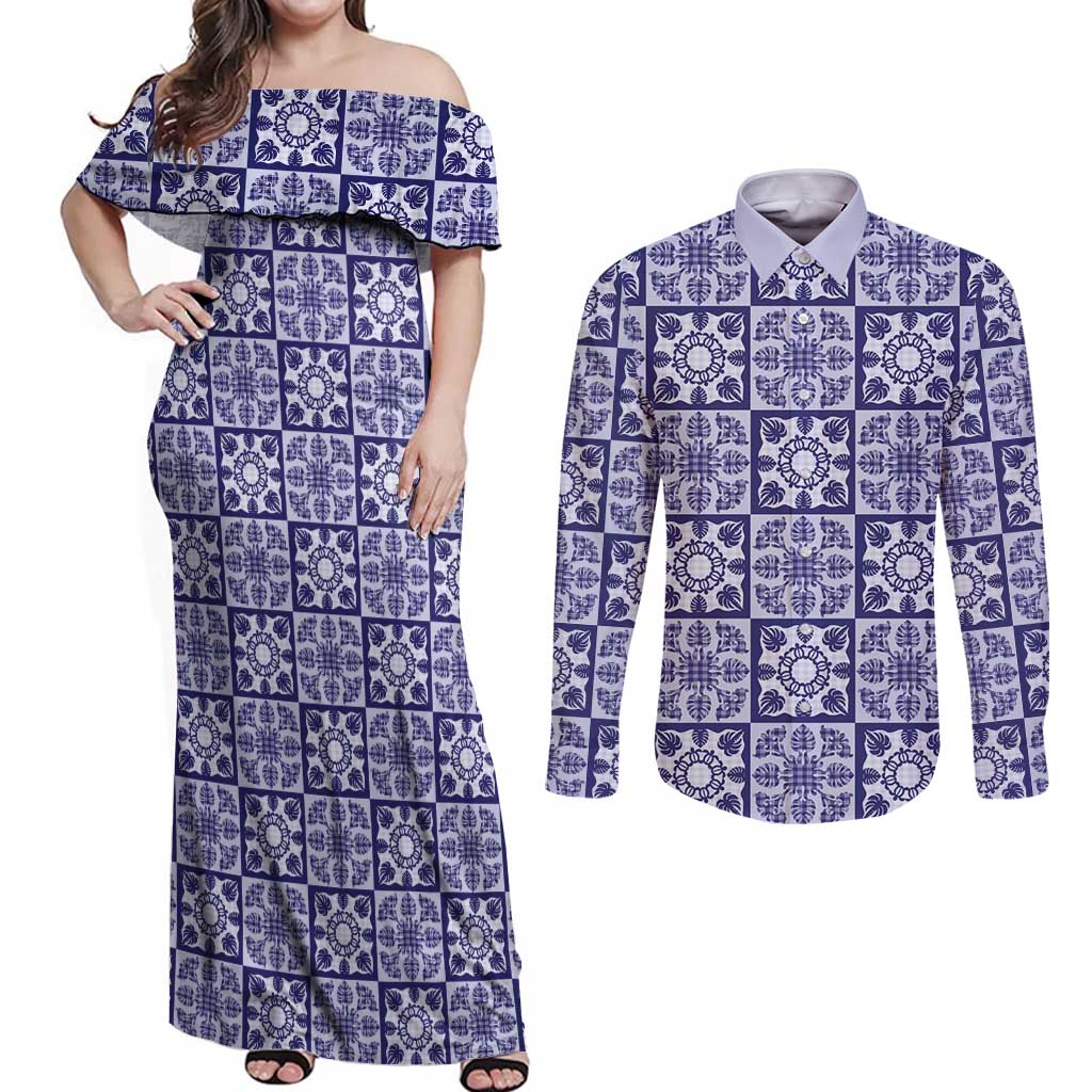 Polu Palaka Quilt Hawaii Couples Matching Off Shoulder Maxi Dress and Long Sleeve Button Shirt Hawaiian Tropical Monstera Sea Turtle