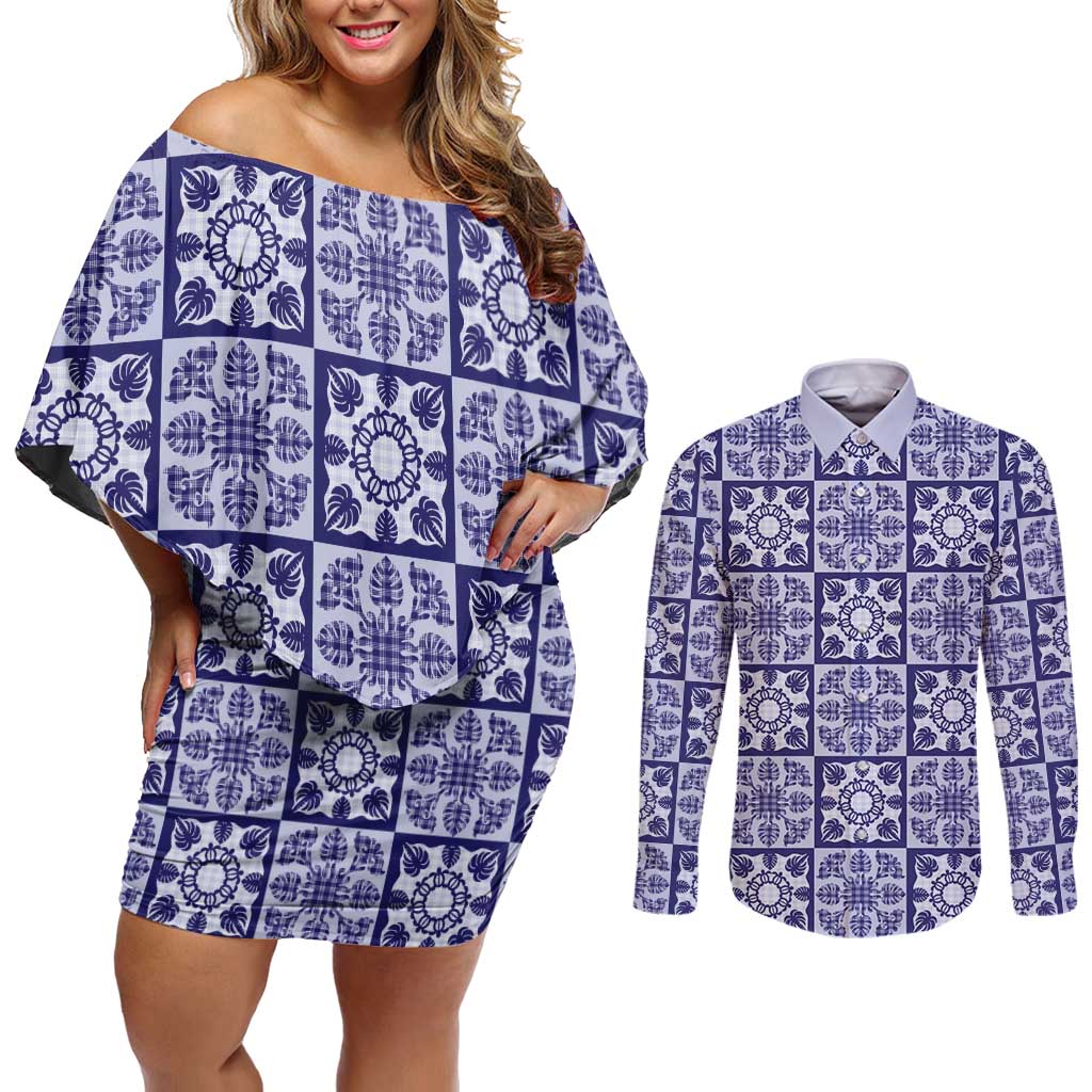 Polu Palaka Quilt Hawaii Couples Matching Off Shoulder Short Dress and Long Sleeve Button Shirt Hawaiian Tropical Monstera Sea Turtle