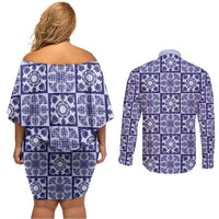 Polu Palaka Quilt Hawaii Couples Matching Off Shoulder Short Dress and Long Sleeve Button Shirt Hawaiian Tropical Monstera Sea Turtle