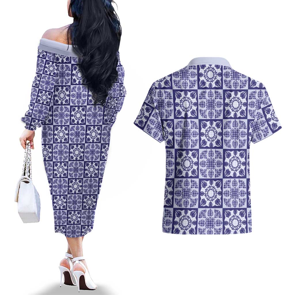 Polu Palaka Quilt Hawaii Couples Matching Off The Shoulder Long Sleeve Dress and Hawaiian Shirt Hawaiian Tropical Monstera Sea Turtle