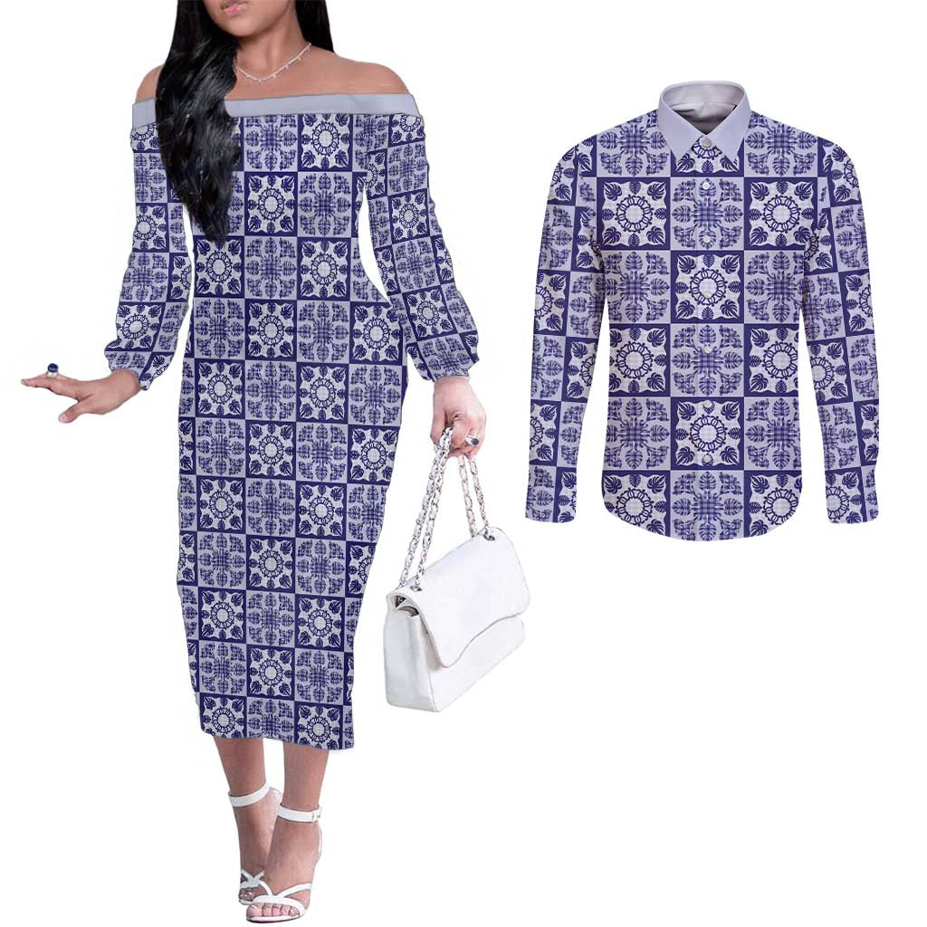 Polu Palaka Quilt Hawaii Couples Matching Off The Shoulder Long Sleeve Dress and Long Sleeve Button Shirt Hawaiian Tropical Monstera Sea Turtle