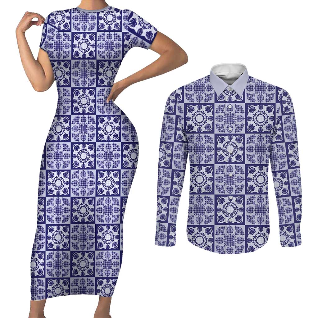 Polu Palaka Quilt Hawaii Couples Matching Short Sleeve Bodycon Dress and Long Sleeve Button Shirt Hawaiian Tropical Monstera Sea Turtle