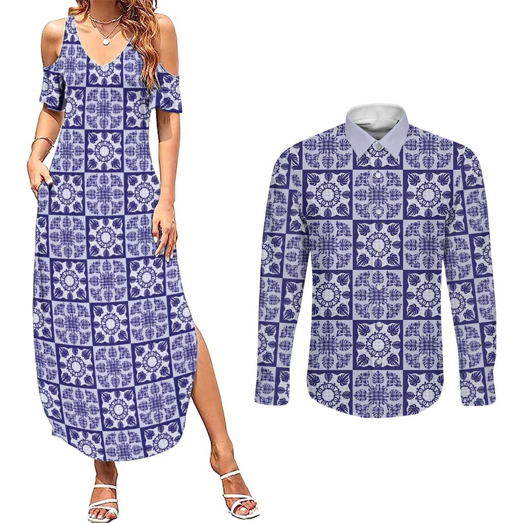 Polu Palaka Quilt Hawaii Couples Matching Summer Maxi Dress and Long Sleeve Button Shirt Hawaiian Tropical Monstera Sea Turtle
