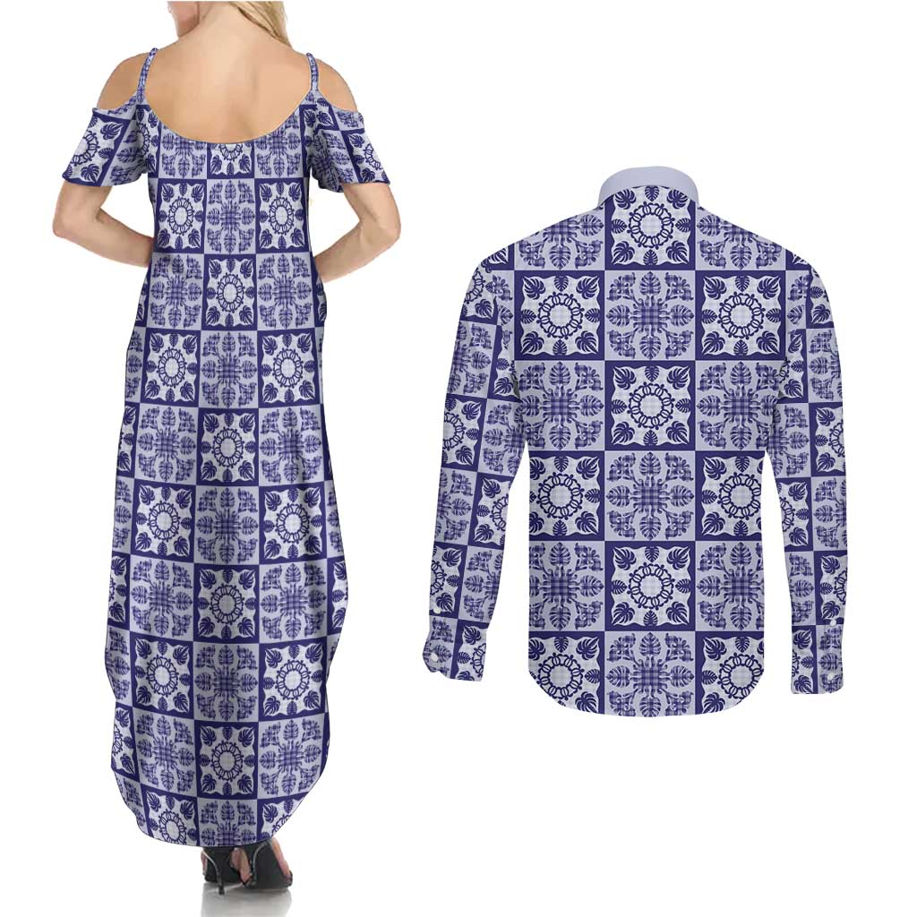 Polu Palaka Quilt Hawaii Couples Matching Summer Maxi Dress and Long Sleeve Button Shirt Hawaiian Tropical Monstera Sea Turtle
