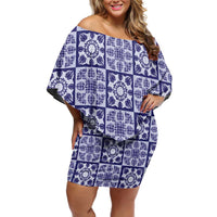 Polu Palaka Quilt Hawaii Off Shoulder Short Dress Hawaiian Tropical Monstera Sea Turtle