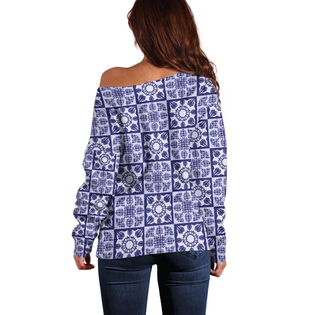 Polu Palaka Quilt Hawaii Off Shoulder Sweater Hawaiian Tropical Monstera Sea Turtle